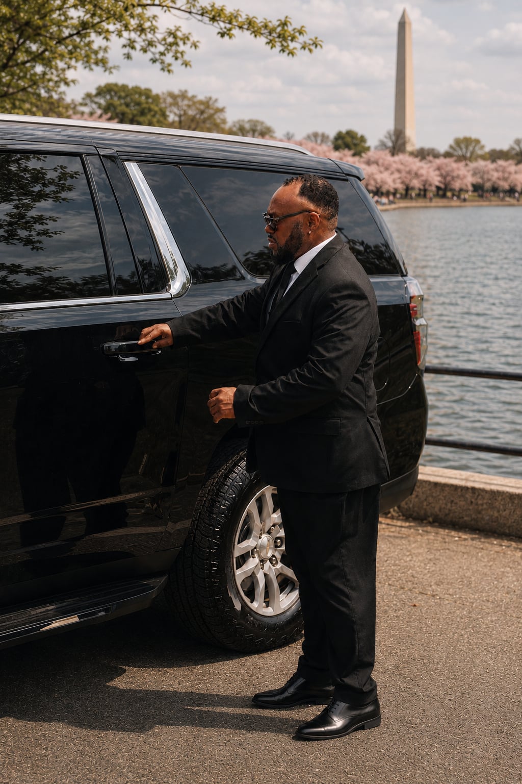 An HW chauffeur opening the Suburban door by the Tidal Basin, the Washington Monument behind